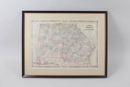 Framed Hand Colored Map 1863 Johnson's Alabama and Georgia
