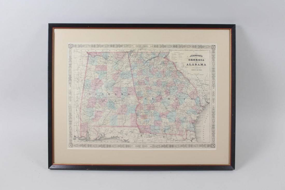 Framed Hand Colored Map 1863 Johnson's Alabama and Georgia (1 of 14)