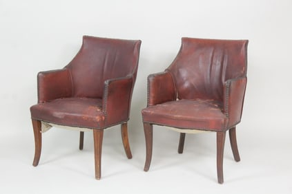 Pair of Art Deco Studded and Tattered Leather Armchairs