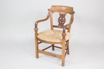 French Country Wood & Rush Chair with Urn Carved Back