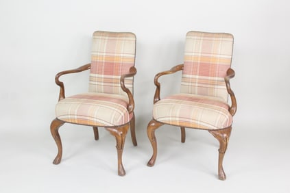 Pair of Queen Anne Upholstered Chairs with Shepherd's Crook Arms