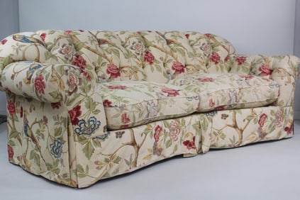 Overstuffed Upholstered Sofa, Scalamandre Faisan Corn Bird Chinoiserie