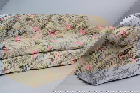 Overstuffed Upholstered Sofa, Scalamandre Faisan Corn Bird Chinoiserie: Overstuffed Upholstered Sofa, Scalamandre Faisan Corn Bird Chinoiserie. There is a tiny tear and unfortunately someone wrote in marker on the back edge. Otherwise a great sofa. No makers brand. Dimens