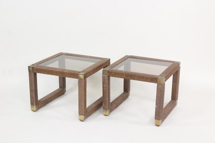 Pair of Wicker & Brass Cubist Side Tables