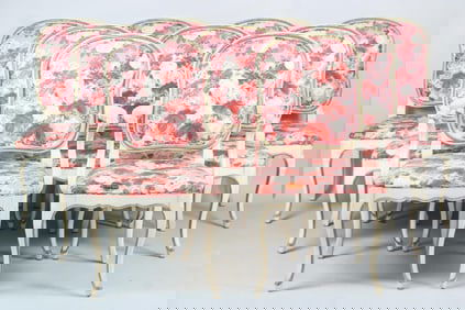 Set of 9 French Provincial Pink Floral Dining Chairs