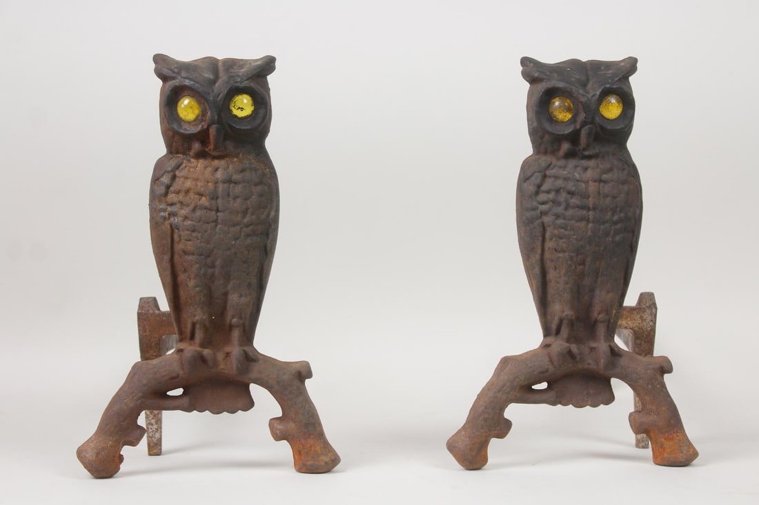 Pair of Cast Iron Owl Andirons with Yellow Glass Eyes (1 of 11)