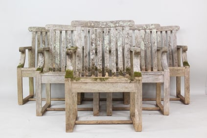 Set of 6 Moss Covered Teak Chairs, Kipp Stewart Designs Summit Furniture