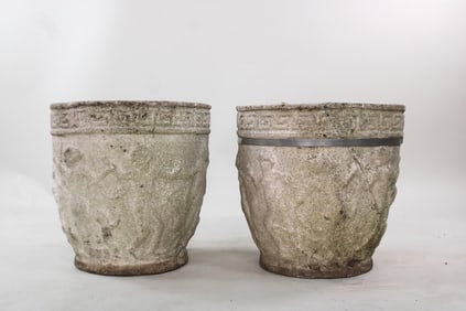 Pair of Cast Stone Concrete Planters, Dancing Figures and Greek Key