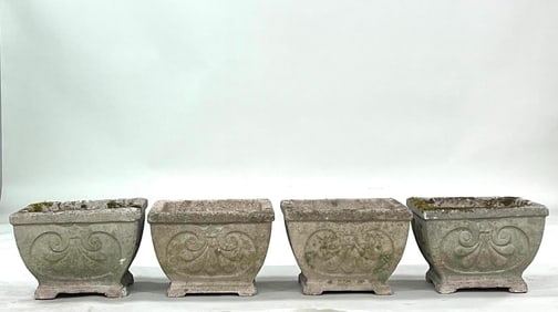 Lot of 4 Cast Stone Concrete Neoclassical Square Planters