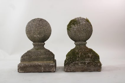 Pair of Garden Post Cast Stone Concrete Ball Finials, Mossy, 2 of 3