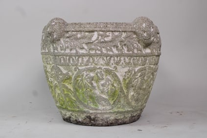 Cast Stone Concrete Planter, Grape Leaf Decoration