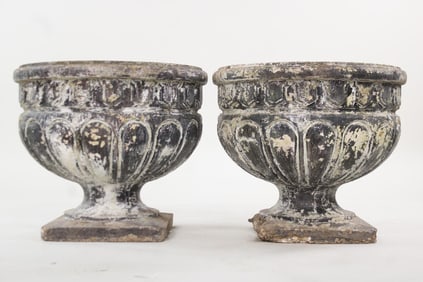 Pair of Cast Stone Concrete Garden Urn Planters on Pedestals, Black Painted