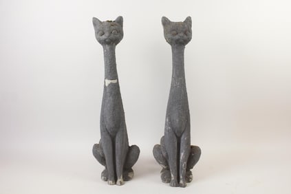 Pair of Mid Century Modern Cast Stone Concrete Cat Statue Sculptures