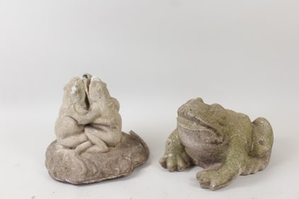Lot of 2 Cast Stone Concrete Frog Statue Sculptures, Fountain