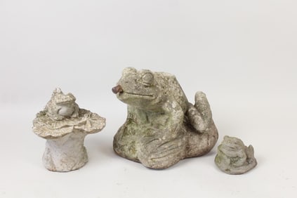 Lot of 3 Cast Stone Concrete Frog Statue Sculptures, Fountain