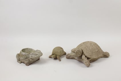 Lot of 3 Cast Stone Concrete Statue Sculptures, Turtle and Frog