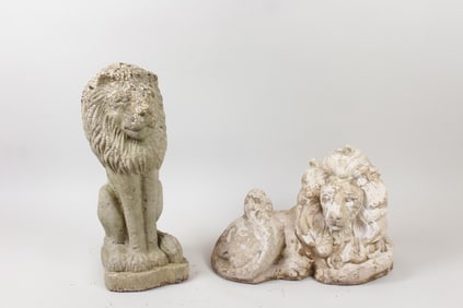 Lot of 2 Cast Stone Concrete Lion Statue Sculptures