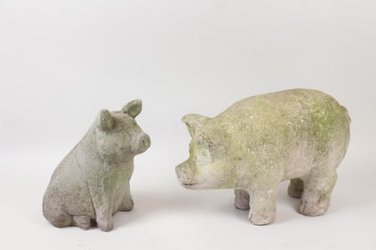 Pair of Cast Stone Concrete Pig Statue Sculptures