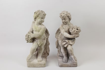 Pair of Cast Stone Concrete Putti Child & Baskets Statue Sculpture