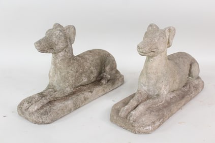 Pair of Cast Stone Concrete Seated Whippet Dog Garden Sculptures