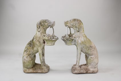 Pair of Cast Stone Concrete Dogs and Flower Baskets Figures