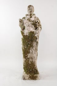 Cast Stone Concrete Sculpture of a Saint Covered in Moss