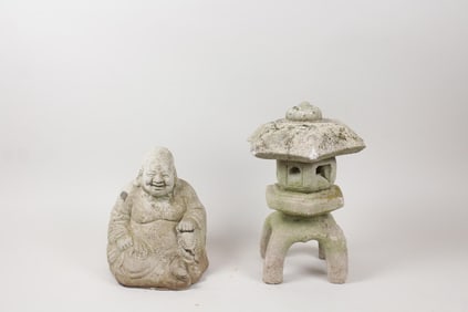 Pair of Asian Cast Stone Concrete Garden Sculptures, Buddha & Pagoda, 1 of 2