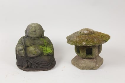Pair of Asian Cast Stone Concrete Garden Sculptures, Buddha & Pagoda 2 of 2