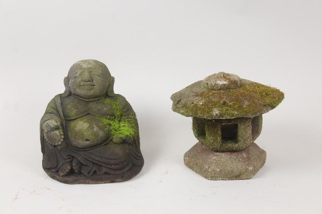Pair of Asian Cast Stone Concrete Garden Sculptures, Buddha & Pagoda 2 of 2 (1 of 13)