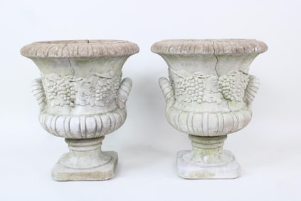 Pair of Cast Stone Concrete Garden Urn Planters on Pedestals with Grapes