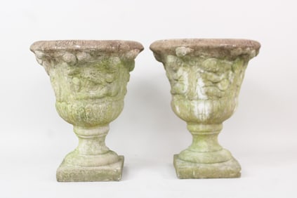 Pair of Cast Stone Concrete Garden Urn Planters on Pedestals with Cherubs, 1 of 2