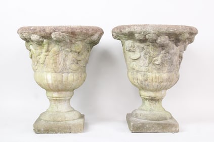 Pair of Cast Stone Concrete Garden Urn Planters on Pedestals with Cherubs, 2 of 2