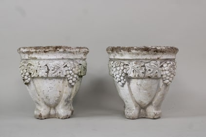 Pair of White Cast Stone Concrete Planters, Grapes Decoration