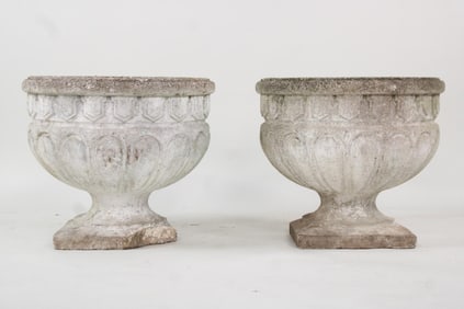 Pair of Cast Stone Concrete Garden Urn Planters on Pedestals