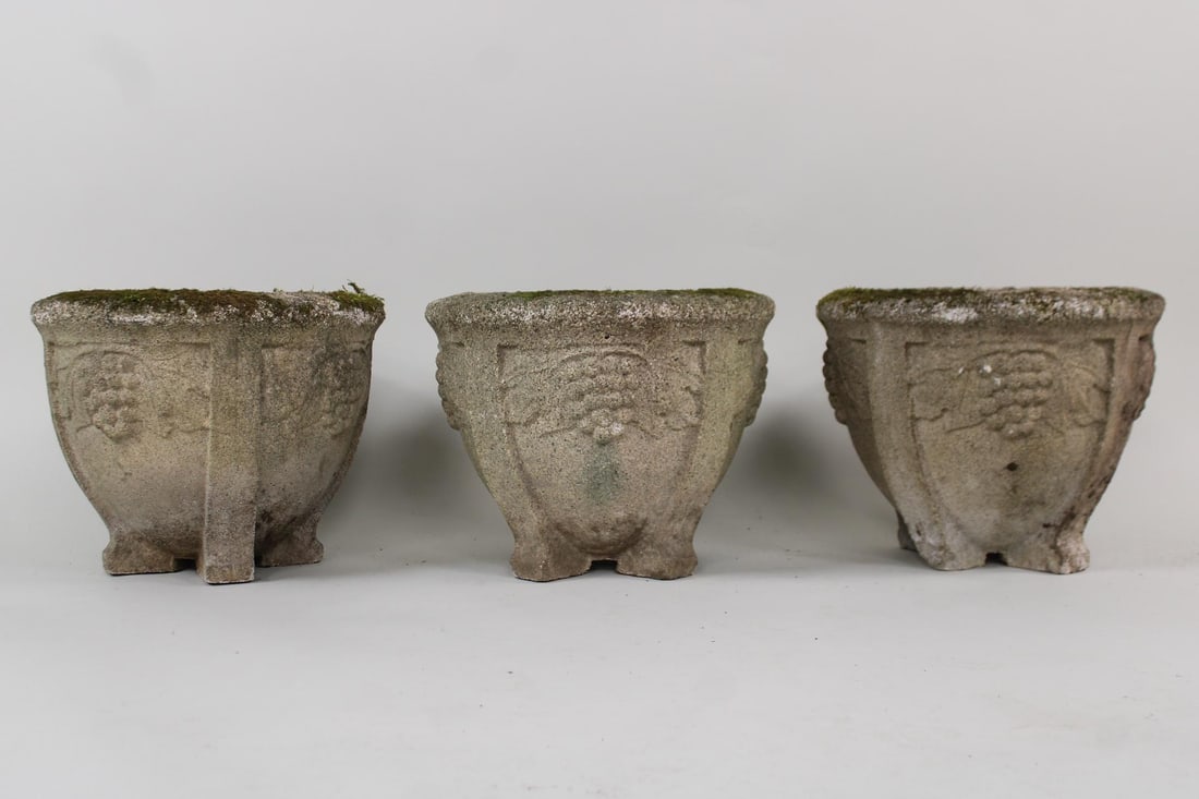 Set of 3 Cast Stone Concrete Planters, Grapes Decoration (1 of 15)