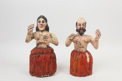 Pair of Mexican Anima Sola Santos Figures, Man & Woman in Flames