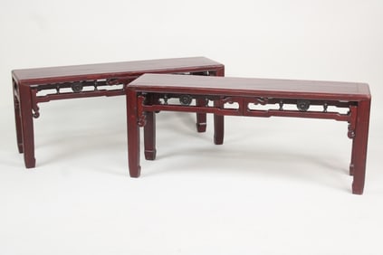 Pair of Chinese Red Wooden Benches