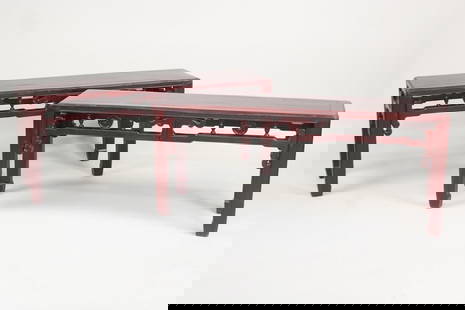 Pair of Chinese Red Wooden Benches: Pair of Chinese Red Wooden Benches. These are a pair of matching benches with a red finish. Dimensions are 19.25 in h x 13in w x 47.75in d. Condition is good.Please call or email for a detailed condit