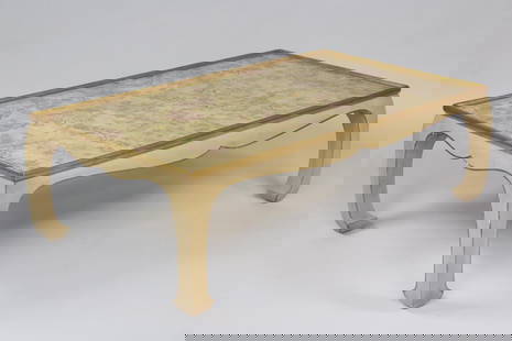 Atelier Midavaine Gilt & Lacquer Low Coffee Table: Atelier Midavaine Gilt & Lacquer Low Coffee Table. This contemporary French Gilt and Lacquer Low Table made by Atelier Midavaine, unmarked. It is Asian style with chrysanthemum flowers and bird decora