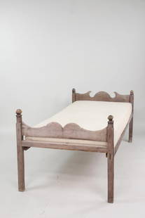 Primitive French Country Carved Wood Daybed: Primitive French Country Carved Wood Daybed. Carved wood daybed with lots of character and nice patina. Includes slats and mattress. Dimensions are 33.5 in h x 76 in w x 38.75 in d. Condition is good