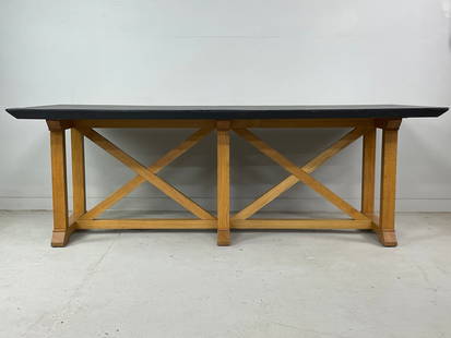 Oak & Slate Farm Table, Manner of Philippe Hurel: Oak & Slate Farm Dining Table, Manner of Philippe Hurel. Heavy & substantial table with X base made of oak, and beveled slate top. In the manner of Philippe Hurel's "Datcha", with no marks.Dimensions