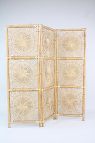 Mid-Century Modern Folding Rattan Room Divider Screen, Sunburst