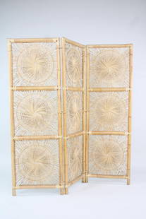 Mid-Century Modern Folding Rattan Room Divider Screen, Sunburst: Mid-Century Modern Folding Rattan Room Divider Screen, Sunburst. This 3-panel screen, made of woven rattan wrapped around the frames and featuring a repeating sunburst motif, folds up with metal