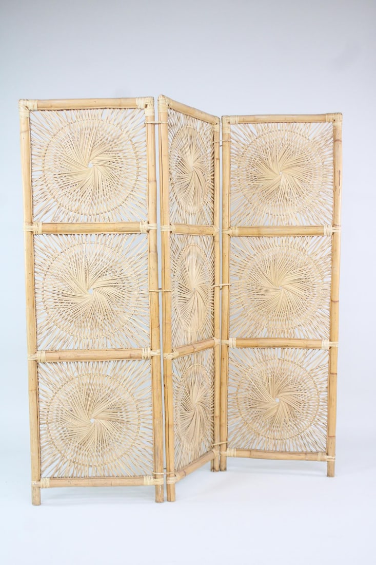Mid-Century Modern Folding Rattan Room Divider Screen, Sunburst