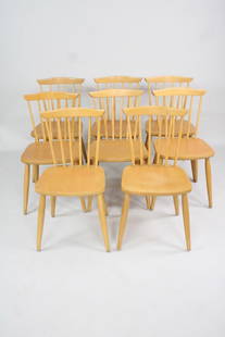 Set of 8 Beech Wood Tapiovaara Style Spindle Back Dining Chairs: Set of 8 Mid Century Modern Beech Wood Tapiovaara Style Spindle Back Dining Chairs. These simple chairs have spindle backs, the legs have a nice bulbous design to them. Unmarked. Dimensions are 32 in