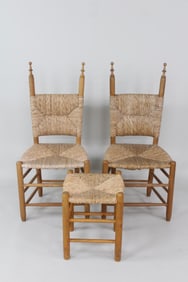 Pair of Rush Seat Chairs Exaggerated Finials and Ottoman