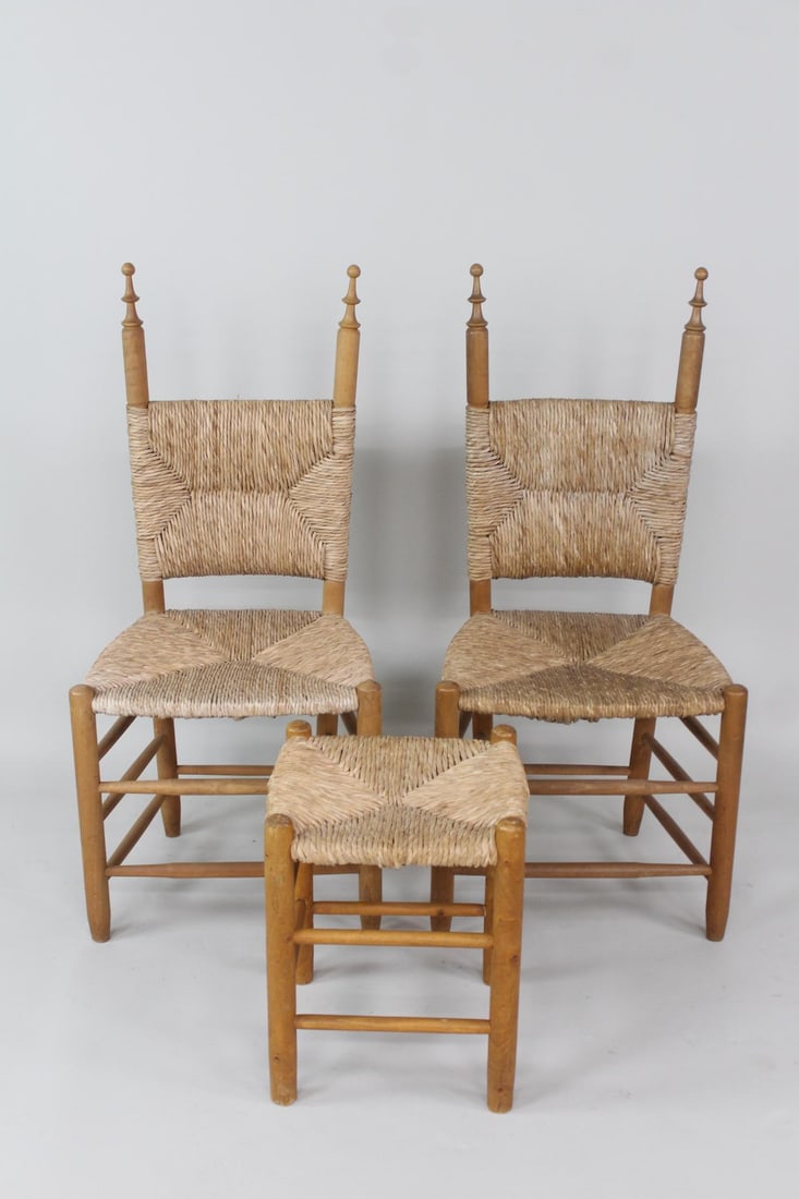 Pair of Rush Seat Chairs Exaggerated Finials and Ottoman (1 of 11)