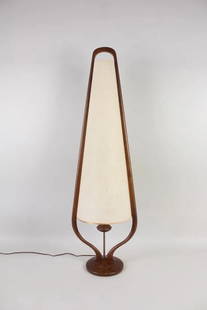 Danish Modern Teardrop Lamp, Arthur Jacobs for Modeline: Danish Modern Teardrop Lamp, Arthur Jacobs for Modeline. This standing light has an elongated teardrop shape with the open wooden frame enclosing a long funnel shade, and a wooden ring pull switch.No