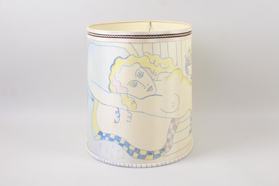 Matisse Style Folk Art Hand Decorated "Nude Woman" Lamp Shade: Mid Century Modern Matisse Style Folk Art Hand Decorated Lamp Shade. White fabric lampshade decorated with an image of a nude blonde mermaid lounging in blue, yellow, purple and pink, in a modernist s