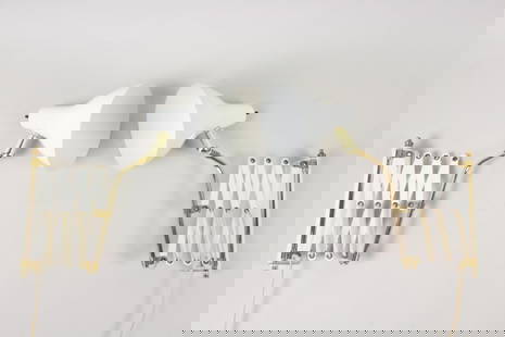 Pair of White & Brass Accordion Scissor Lamps: Pair of Hollywood Regency White & Brass accordion Scissor Lamps. These are a pair of nice mid century modern The lamps have not been tested for function and may need to be rewired., wall mount like
